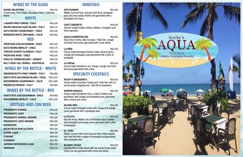 Rocky's Aqua - Cabarete Beach Restaurant - Menus