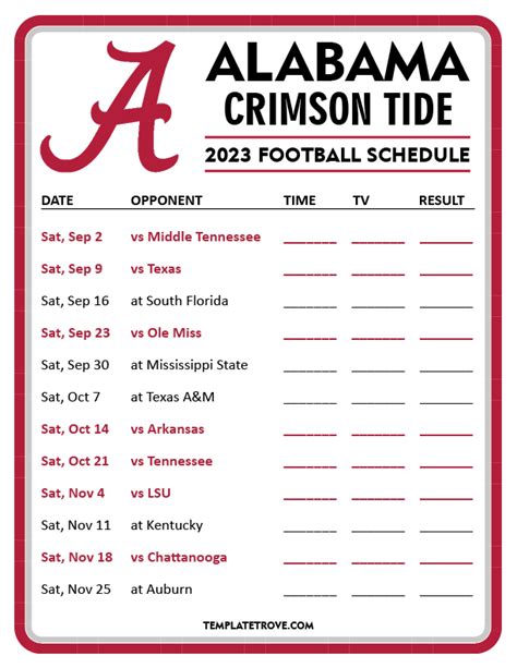 Printable 2023 Alabama Crimson Tide Football Schedule