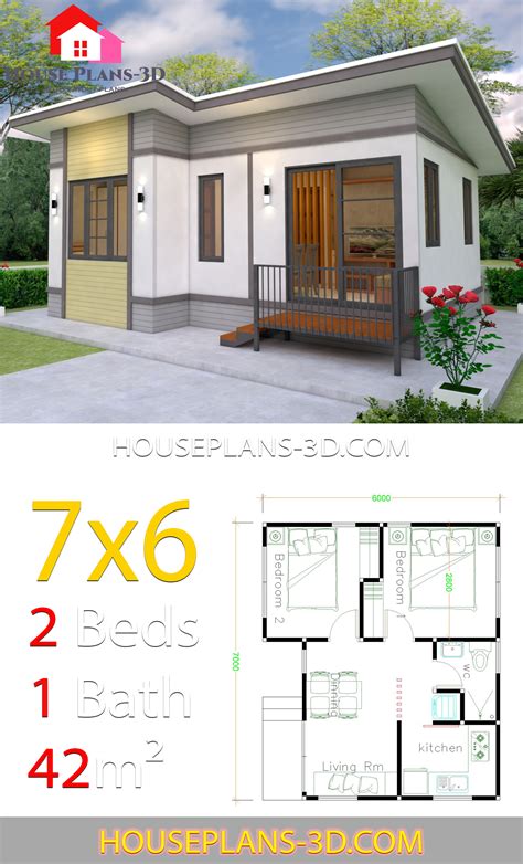 Small House plans 7x6 with 2 Bedrooms - House Plans 3D