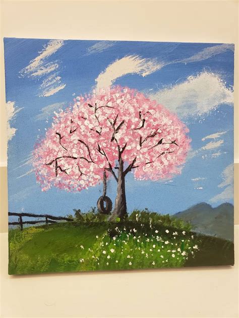 Cherry tree in lush green mountains (acrylic canvas painting) Painting ...