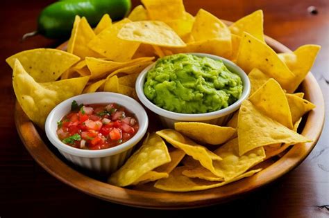 Premium AI Image | Guacamole salsa and chips on a round platter