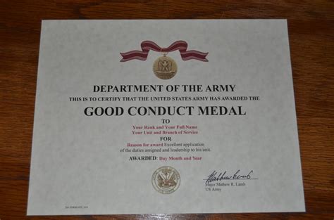 United States Army Good Conduct Medal Ribbon Replacement Certificate 8 ...