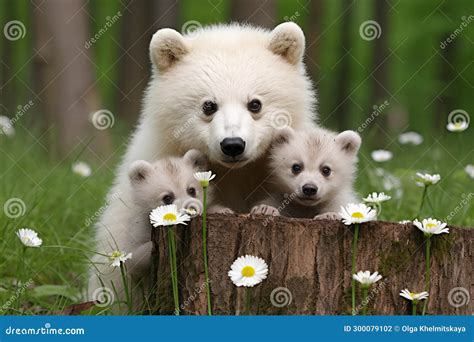 Albino Polar Bears in the Forest. Mother Bear with Cubs with Flowers ...