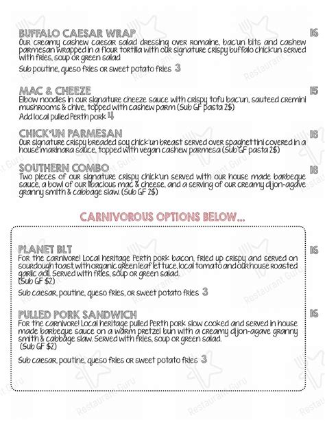 Menu at The Planet Diner restaurant, Stratford