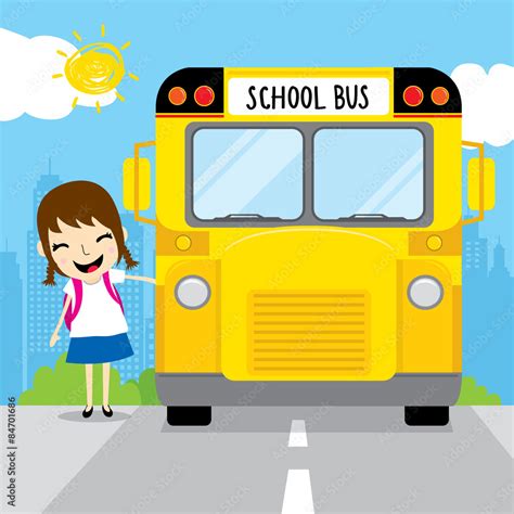 Girl student go to school by school bus in the morning kid cartoon ...