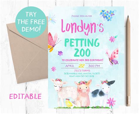 Editable Petting Zoo Invitation, Petting Zoo Instant Template, Petting ...