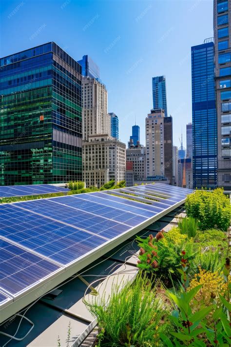 Premium Photo | Rooftop Solar Panels and Greenery Amidst Modern Skyscrapers