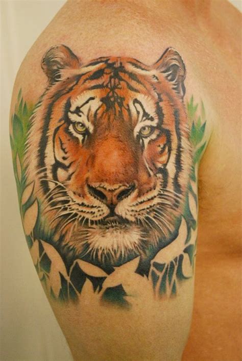 Portrait tiger face tattoo on shoulder - Tattooimages.biz