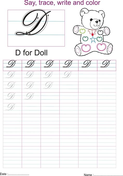 Cursive captial letter 'D' worksheet