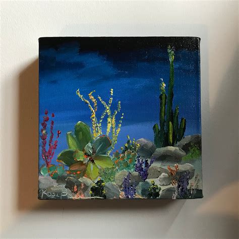 Cactus Painting, cacti, Nocturne desert plants painting, Small Oil ...