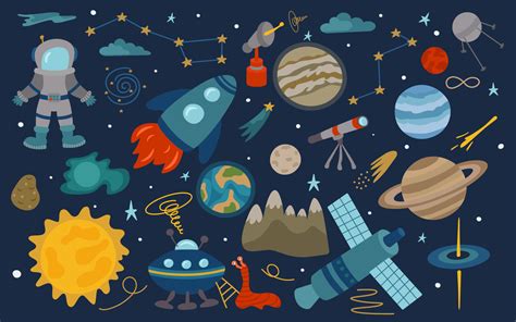 Cosmic set of cute cartoon-style elements. Rocket, astronaut, planets ...