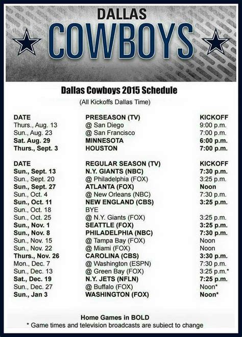 Dallas Cowboys Schedule Printable 2023