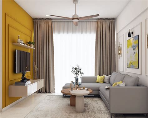 Yellow And Grey Living Room Design With Green Accent Chair | Livspace