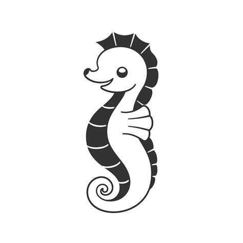 Cute happy seahorse cartoon character. Black and white clip art vector illustration of ocean sea ...