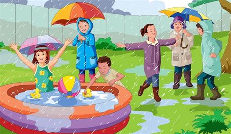 Premium Vector | Happy kids enjoying rain wearing raincoats and using ...