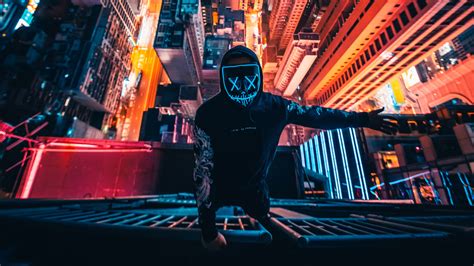 2560x1440 Neon Mask Guy Climbing Building 4k 1440P Resolution HD 4k ...