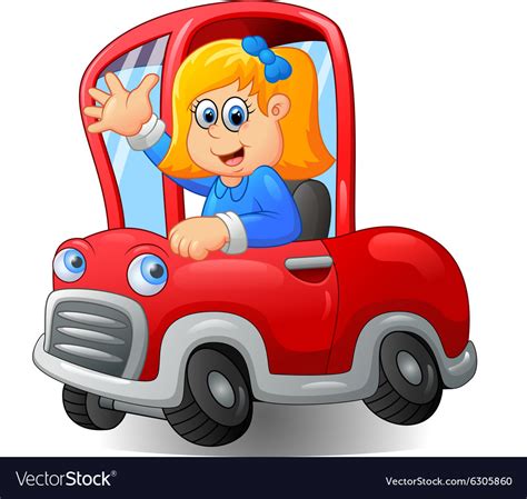 Cartoon happy girl driving a car Royalty Free Vector Image