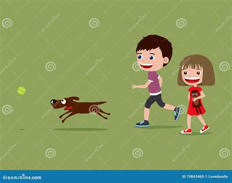 Children Walking With The Dog Cartoon Illustration Stock Illustration