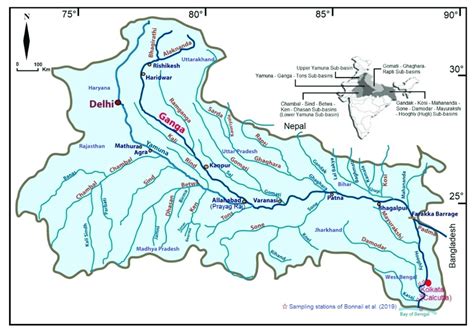 Major tributaries of the Ganges River (Ganga) with its basin boundary ...