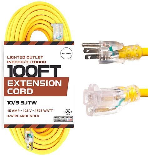 100 Foot Lighted Outdoor Extension Cord - 10/3 SJTW Yellow 10 Gauge Ex ...