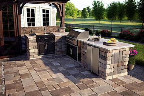 patio with outdoor kitchen, featuring grill, sink and countertop ...