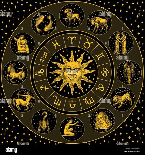 Zodiac Wheel. Astrology horoscope with circle, sun and signs. Calendar ...