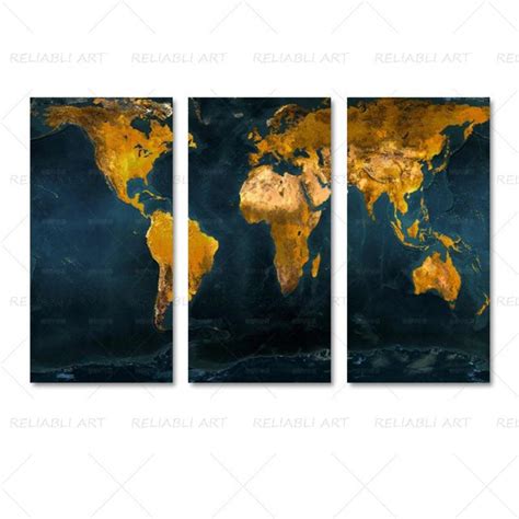 3 Panels World Map Canvas Paintings – Original Frame