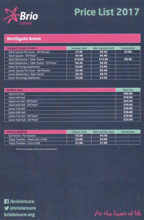 Chester Tourist - Northgate Arena Chester Price List