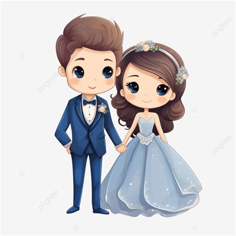 Cute Cartoon Wedding Couple In Blue Suit And Dress, Wedding Clipart ...