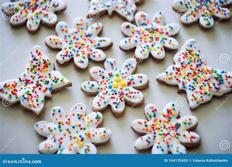 Ginger Cookies Decorated with White Icing Anf Colorful Sprinkles Stock ...