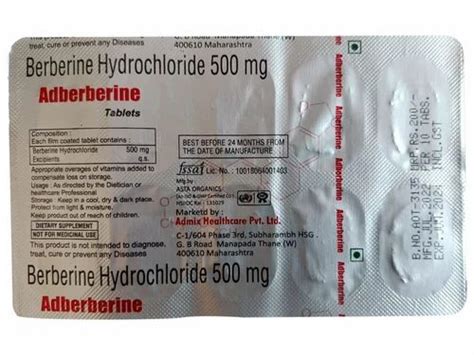 Berberine Hydrochloride Adberberine Tablet, 500 mg, Packaging Size: 1 X ...