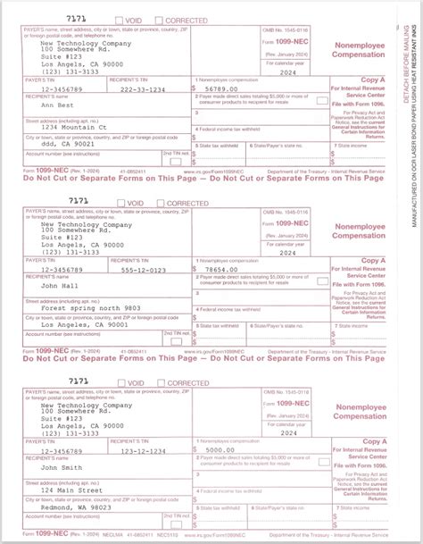 Sample 1099-NEC Forms Printed ezW2 Software