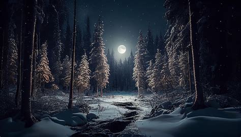 Premium Photo | Snowy winter forest at night with full moongenerative ai