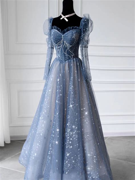 Blue Prom Dress Long Fairy Ball Gown Dress Long Sleeves Prom - Etsy