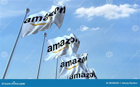 Waving Flags with Amazon Logo Against Sky, Editorial 3D Rendering ...