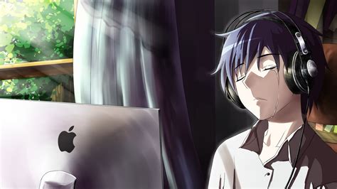 1920x1080 Anime Boy Crying In Front Of Apple Laptop Laptop Full HD ...