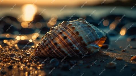 Premium AI Image | A shell on a beach at sunset