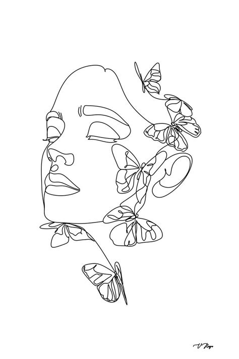 Abstract face with butterfly by one line drawing. Portrait minimalistic ...