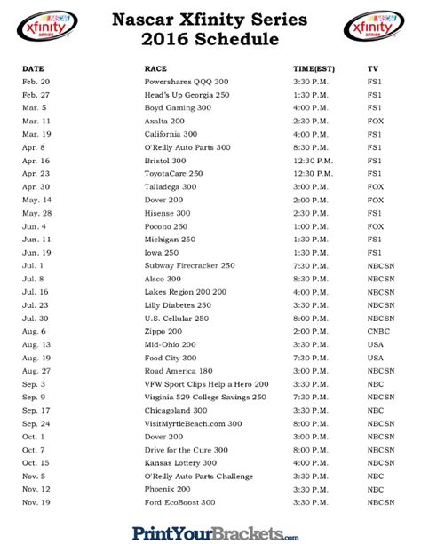 Printable Nascar Xfinity Series Schedule 2016