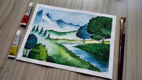 Nature Scenery With Hills -- beautiful watercolor scenery painting ...