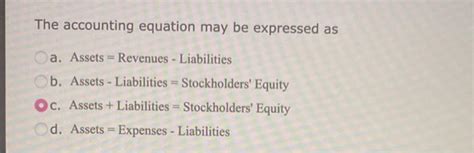 Solved The accounting equation may be expressed as a. Assets | Chegg.com