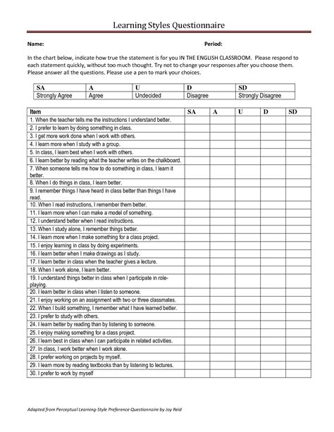 Printable Learning Styles Questionnaire