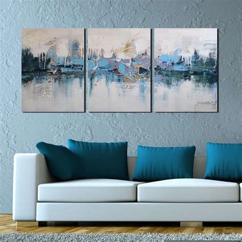 Abstract Oil Painting Hand Painted Blue Villages 3 Piece Wall Art on ...