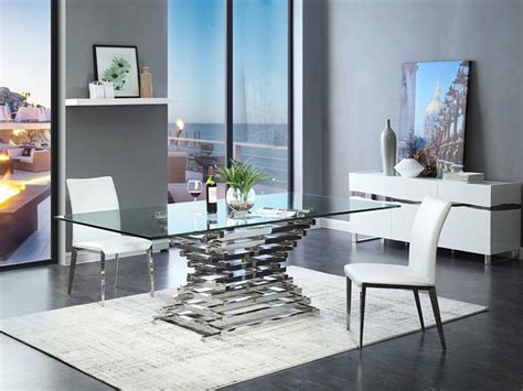 ARIETTA 7 piece Modern Dining Room Set Rectangular Glass Top Metal ...