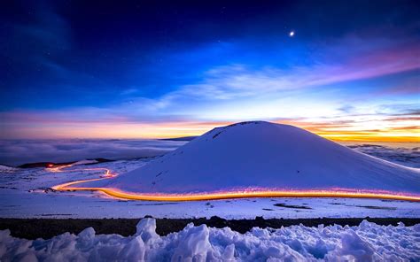 Wallpaper Snow mountain, winter, road, light, sky, moon, night ...