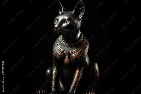 Bastet, ancient Egyptian goddess, portrayed on black backdrop. A deity ...