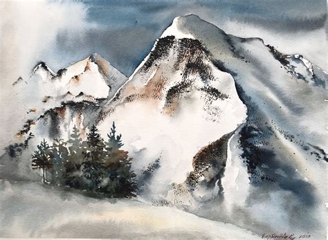 Snowy Mountains - Original Watercolor Painting, artwork, landscape ...