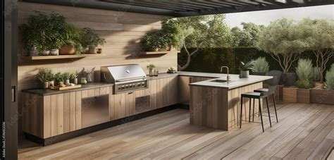 An expertly designed outdoor kitchen, featuring a built-in grill and ...