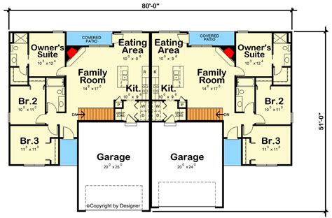 Duplex House Plan with 3 Clustered Bedrooms and a 2-Car Garage - 1176 ...