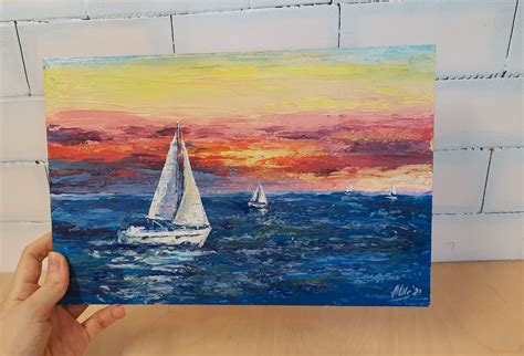 Sunset sky art Original acrylic painting Boat painting Seasc - Inspire ...